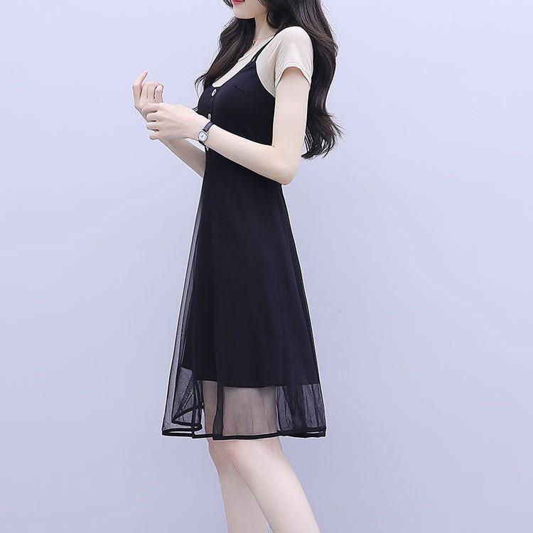Women Summer Short Sleeve Mesh Patchwork Mid-length Slim Elegant Large Size Casual Dress
