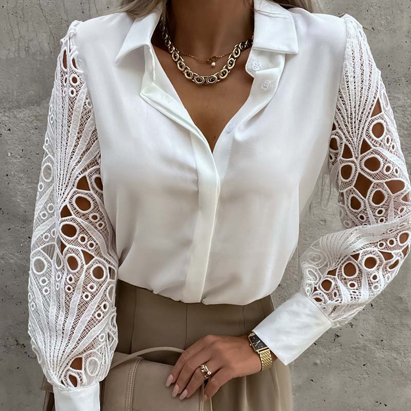 Spring/Summer Long Sleeve Thin Large Size Loose Ladies Solid Color Casual Lace Patchwork Shirt