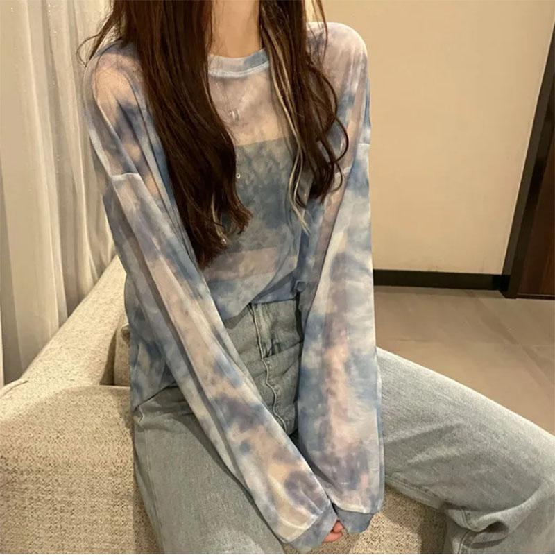 Tie-dye Sunscreen Women's Wear Loose Mesh See-through Thin Long-sleeved T-shirt