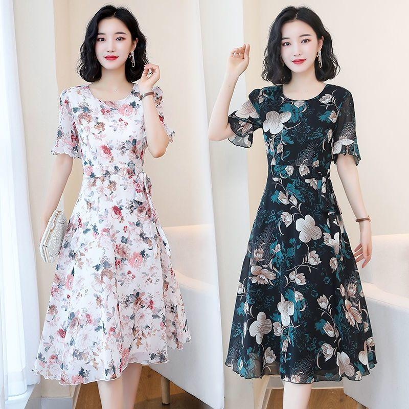 Women's Summer Dress Large Size Chiffon Print Round Neck Short Sleeve Skirt Length To Calf