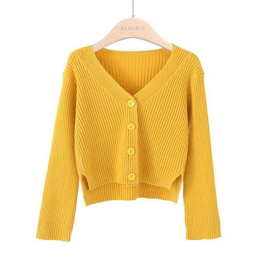 Core-Spun Yarn Solid Color Sunken Stripe Sweater Cardigan Women's Autumn and Winter V Neck Sweater