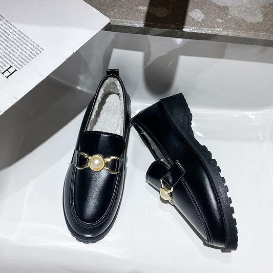 British Style Small Leather Shoes Winter All-match Flat-bottomed Plus Velvet Round-toe Cotton Shoes