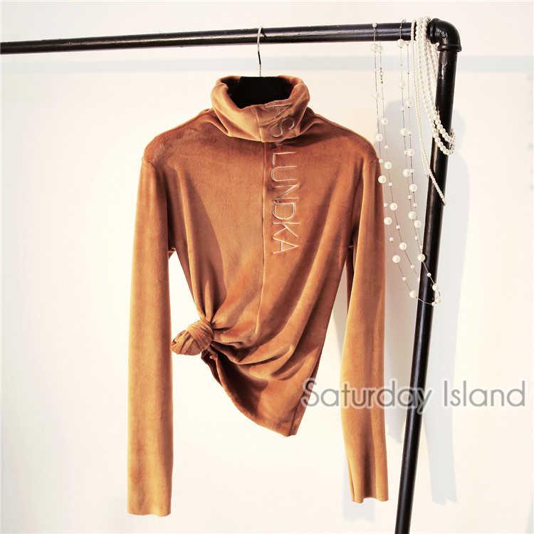 Women winter Embroidered Slim long sleeve turtleneck pullover warm Velvet thick sweater base shirt