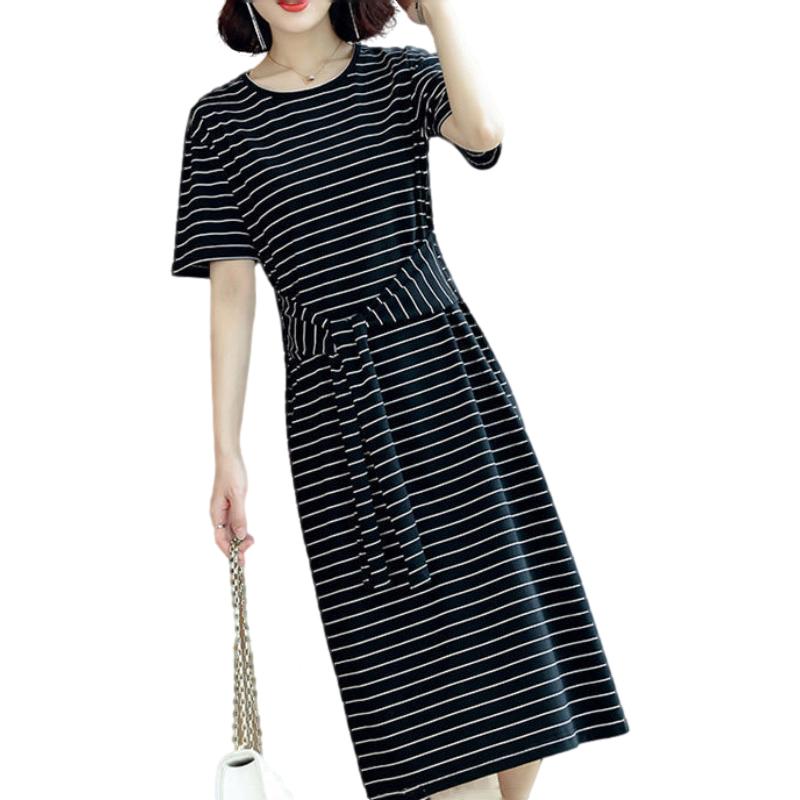 Summer Women Round Neck Enough Stock Short-sleeved Dress Black White Striped Dresses Casual Elegant Sheath Slim Dress