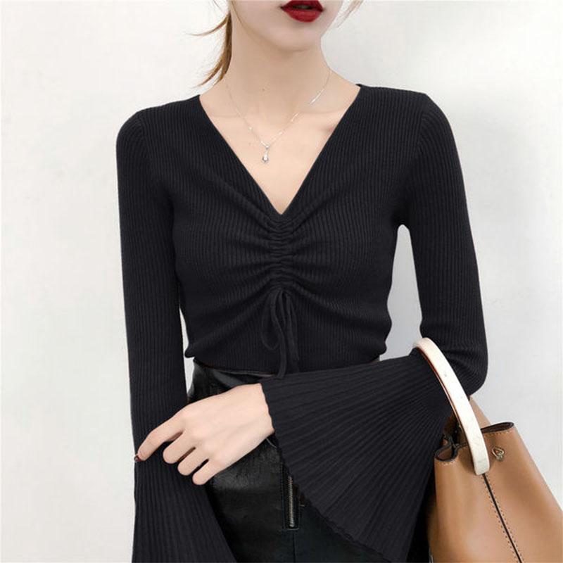 2021 Early Autumn Sweater Women's V-neck Drawstring Long-sleeved Pleated Flared Sleeve Sweater Top Bottoming