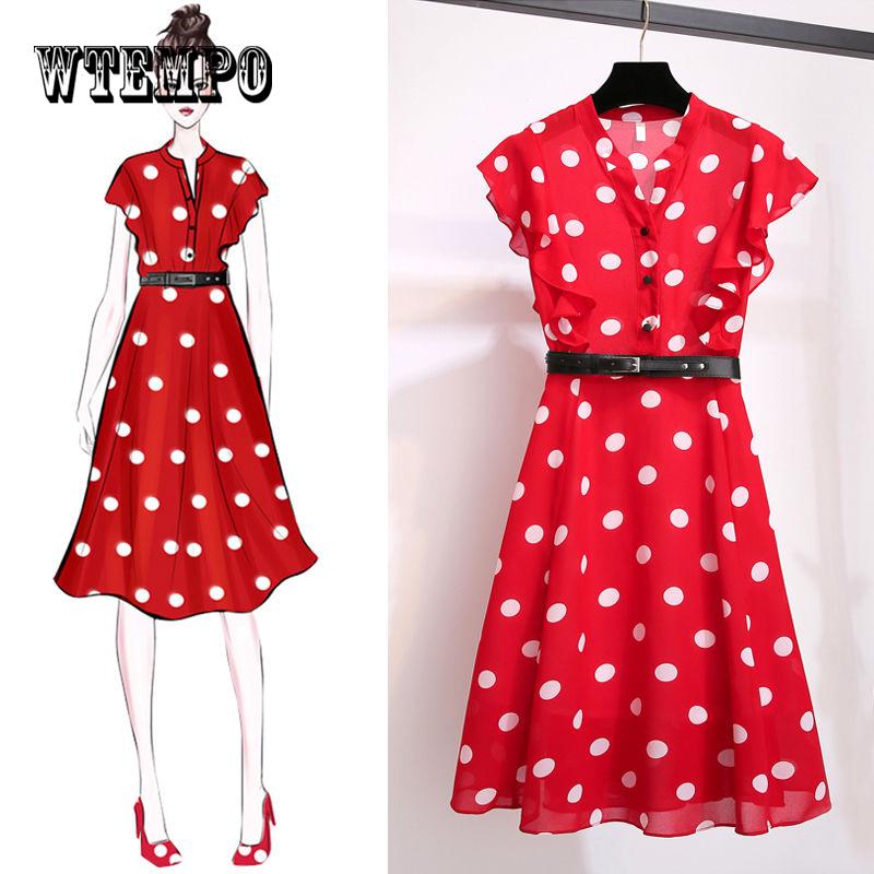 Red Polka Dot Dress Chiffon Summer Dresses Female 2019 New V-neck Waist Slimming A Word Sundress