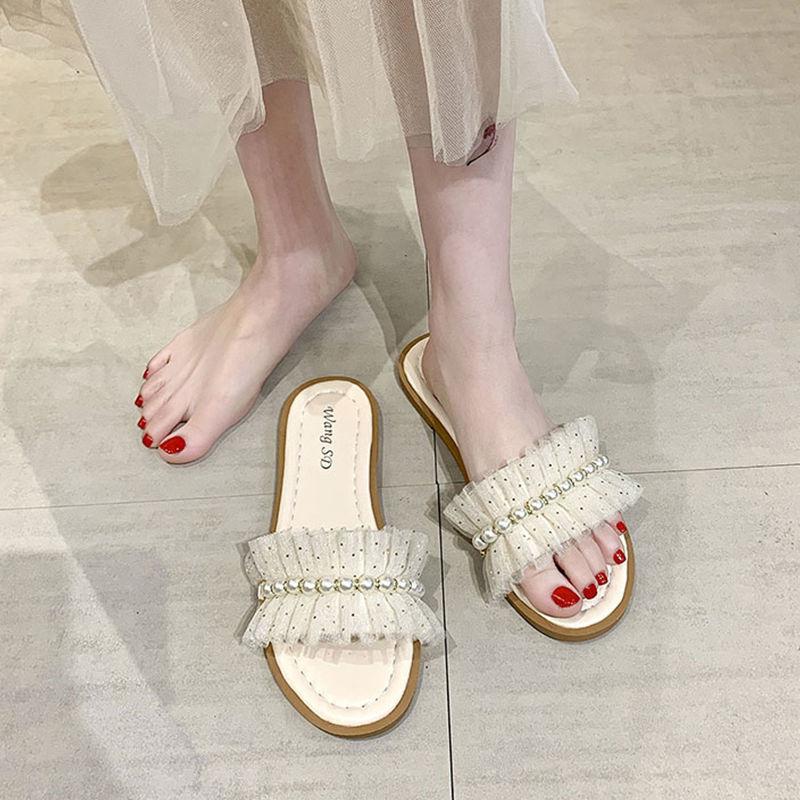Fairy Style Slippers Women's Outer Wear Summer Pearl Sandals and Slippers Fashion Flat Non-slip