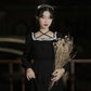 Fairy Party Dress Spring French Retro Small Black Dress Square Collar Lace Long Sleeve Elegant Female Dress