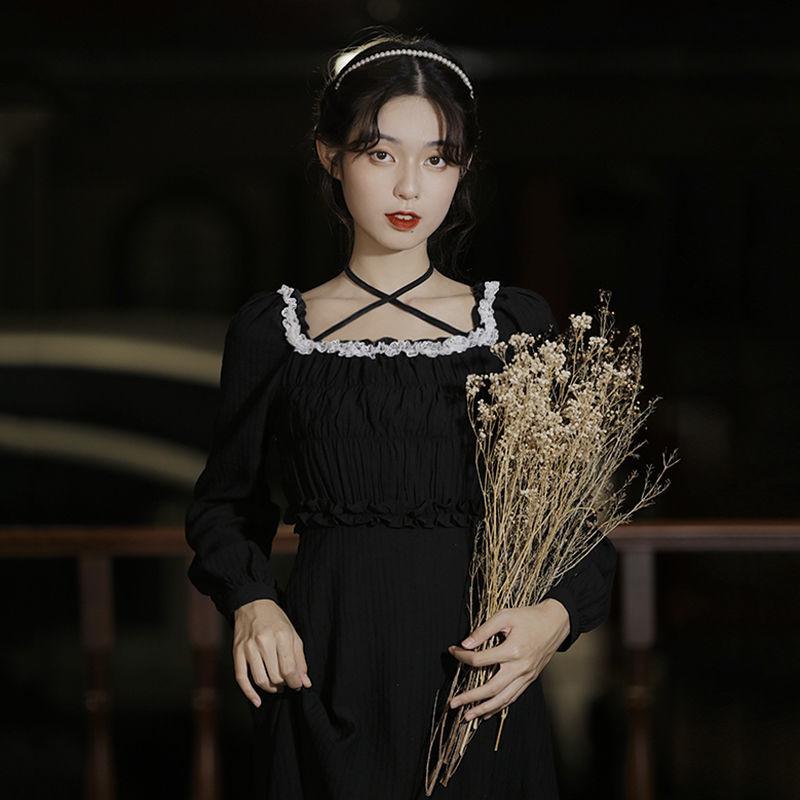 Fairy Party Dress Spring French Retro Small Black Dress Square Collar Lace Long Sleeve Elegant Female Dress