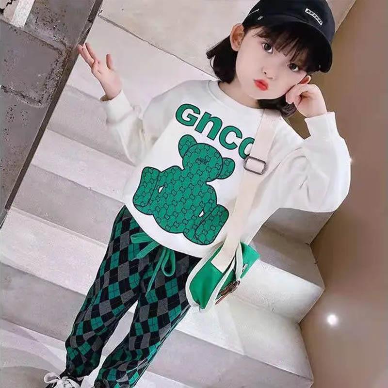 Girls Spring and Autumn Suits Long-sleeved Headband Contrast Printing Casual Suit Baby Plaid Sports Loose and Comfortable Two-piece Suit