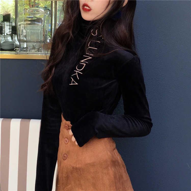 Letter Embroidered Warm Winter Velvet Turtleneck Pullovers Long Sleeve Women's Thicken Sweater Lady