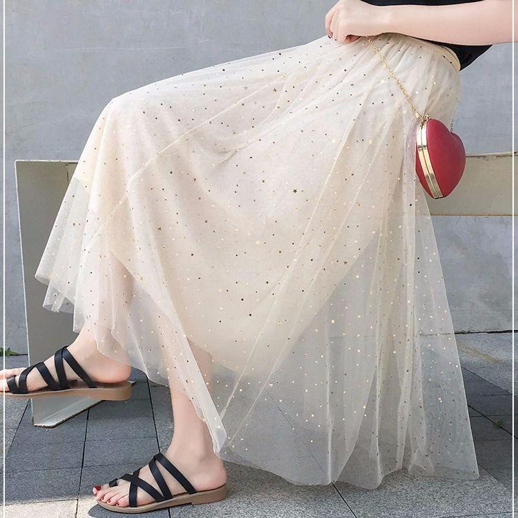 Women's Tulle Plain Pleated Skirt 2020 Pink Beige White Mesh Midi Skirt High Waist Woman Skirts
