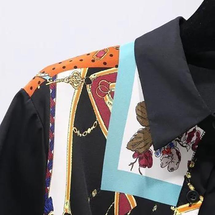 Summer Slim-fit Black Dress Female Color Stitching Long Shirt Dress Knee-length Dress with Belt