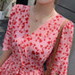 Pofulove Women V-neck Pink Floral Chiffon Dress Slim Long Dresses Below The Knee High Waist Dress