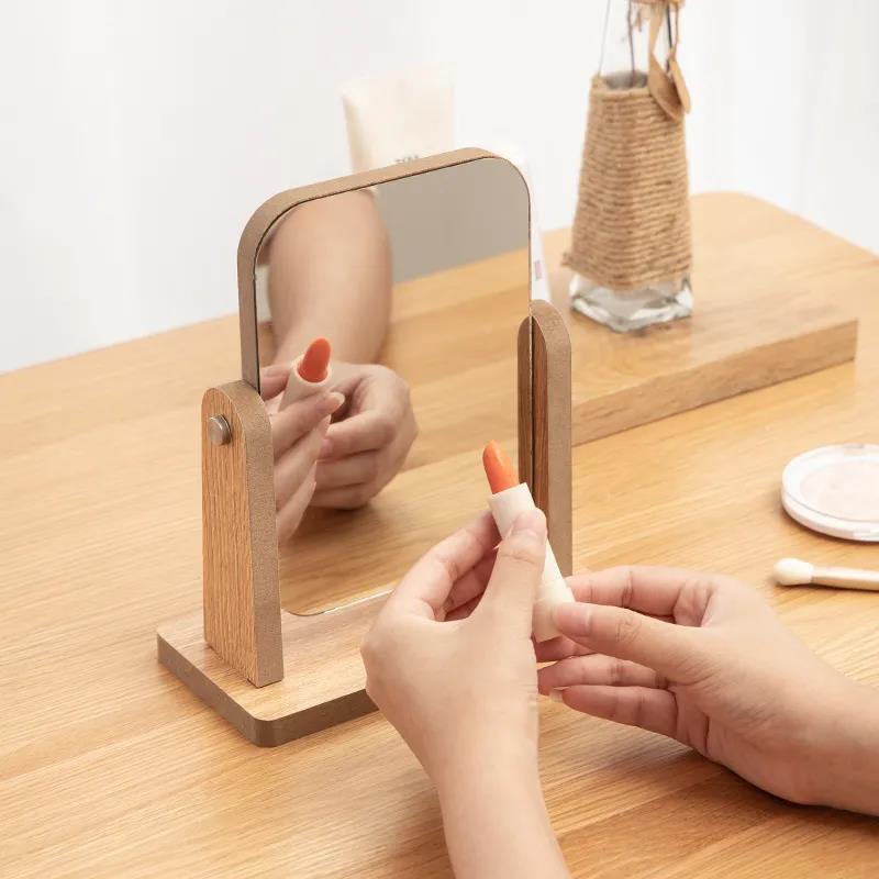 Ladies Rotatable Wooden Mirror Desktop Creative Portable Makeup Mirror HD Thin and Light Travel Out Household Essentials