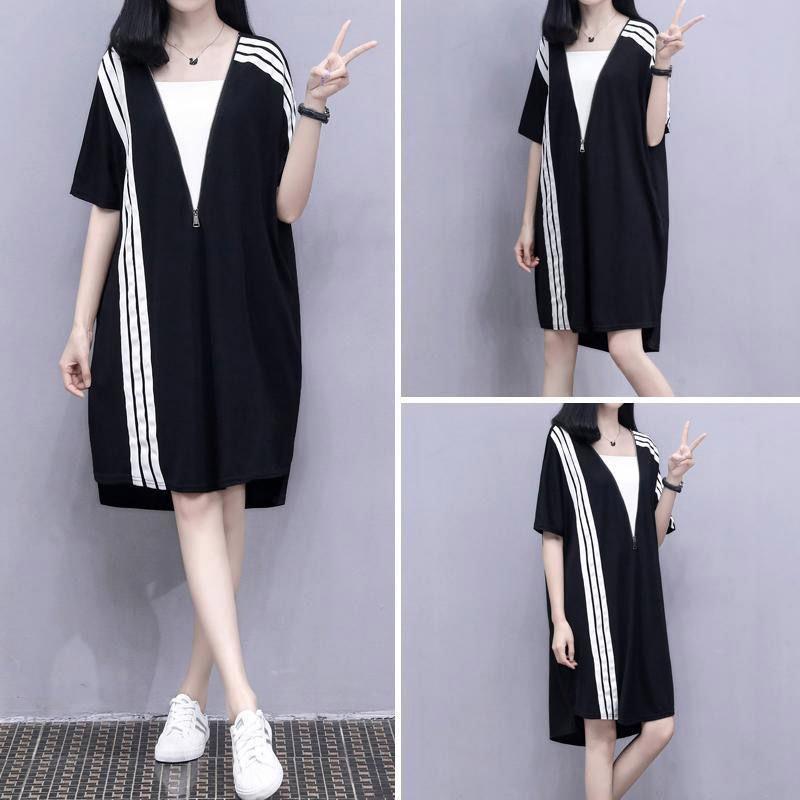 Sweater Skirt T-shirt Skirt Spring Summer Plus Size Women's Zipper Loose Thin Sports Casual A-line Dress