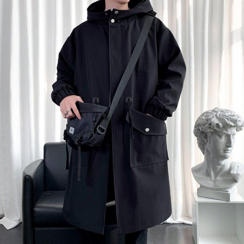 Spring Waterproof Jacket Men Hooded Windbreaker Solid Color Trend Coat Casual Loose Comfortable Parka Long