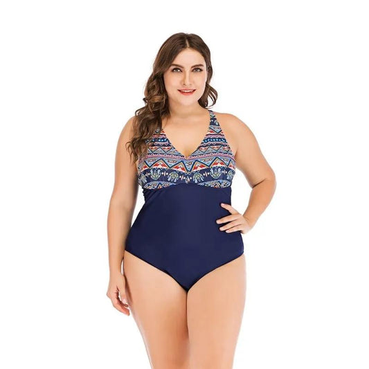 Plus Size One Piece Swimsuit women's open Back Geometric Printded Breathable Swimwear Slim Beachwear Bikini