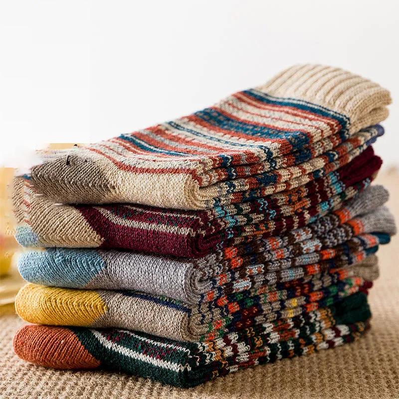Men's Winter Retro Printing Ethnic Style Long Socks Five Pairs of Thick Warm Wool Socks