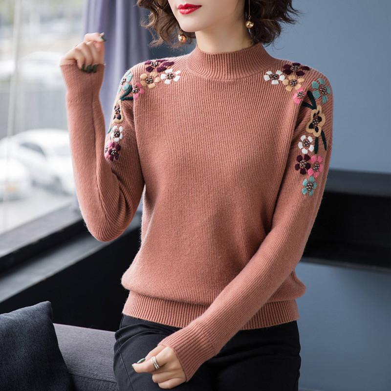 Sweater Women's Half Turtleneck Pullover Knitwear Top Embroidered Loose Pure Color Trending Sweater Autumn and Winter Lady Style