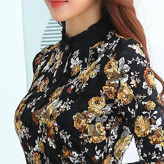 Women's Autumn Floral Printed Blouses Plus Size Thin Plush Tops Female Witner Long Sleeve Blouse