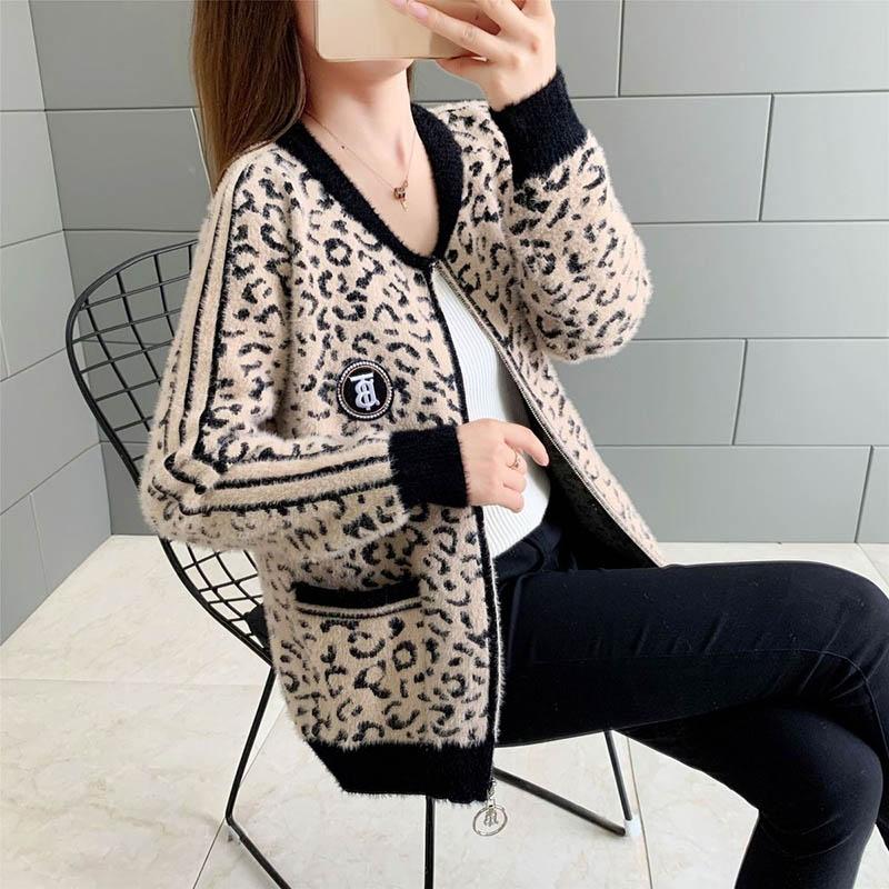 Imitation Mink Fleece Cropped Top Autumn and Winter Sweater Leopard Print Loose Wild Knit Cardigan