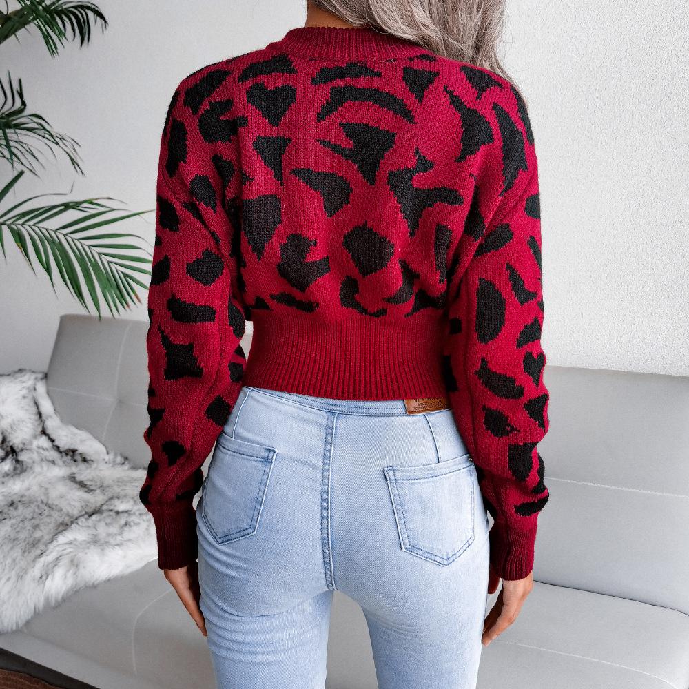 Sweater Women's Leopard Print Short Pullover Knitwear Cropped Top Trending Sweater Autumn and Winter European and American Style