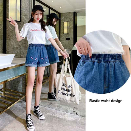 Embroidered Denim Shorts Women's Loose Ripped Wide Leg Large Size 150kg High Waist A-line Pants