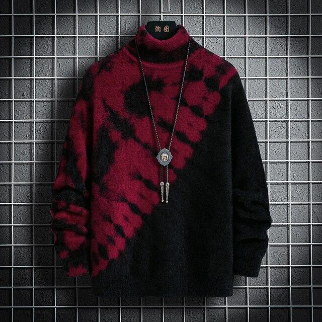 Sweater Winter Men's Knitted Pullover Casual Hip Hop Print Warm Turtleneck Imitation Mink Sweaters Man Tops
