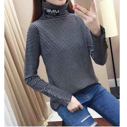 Thick Striped Sweater Loose Long Sleeve High Neck Bottoming Blouse