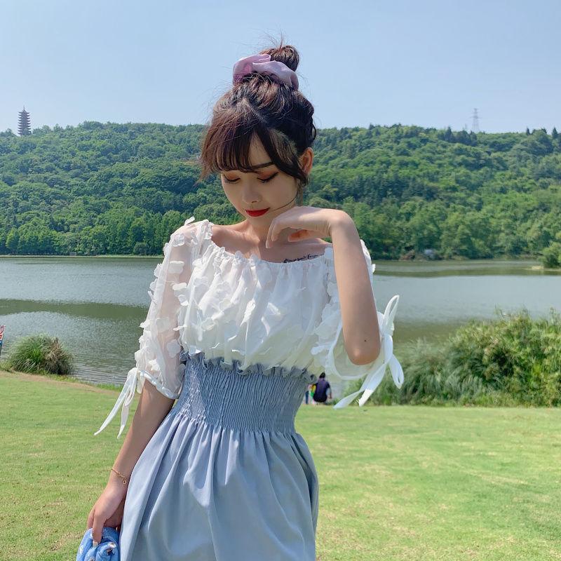 Women Summer Elegant Short Sleeve Square Neck Mid-length Holiday Dress Slim Vintage Patchwork Sweet A-line Party Dress