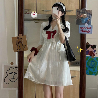 Women's Summer Dress Short Sleeve Sweet and Cute Bow Dress Summer Student White Chiffon Skirt Daily Wear Office Dating Party