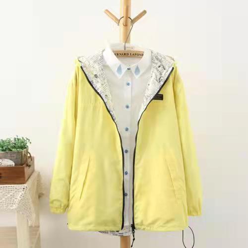 Prettylan Women Jacket Coat Pocket Zipper Hooded Two Side Wear Cartoon Print Outwear