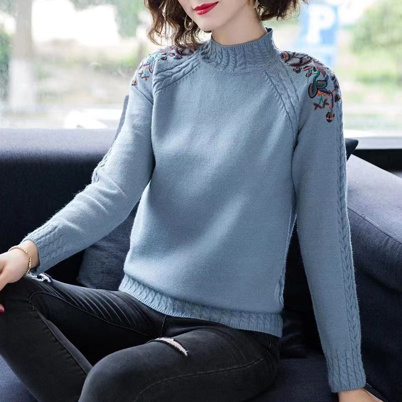 Autumn and Winter Women's Half Turtleneck Sweater Fashion Solid Color Embroidered Knit Sweater Loose Large Size Short Sweater