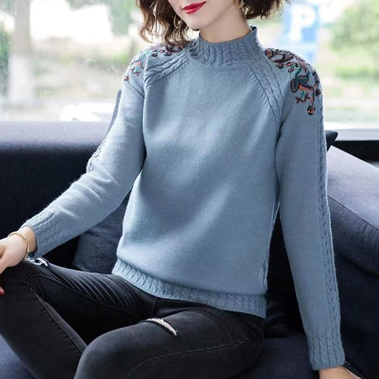 Autumn and Winter Women's Half Turtleneck Sweater Fashion Solid Color Embroidered Knit Sweater Loose Large Size Short Sweater