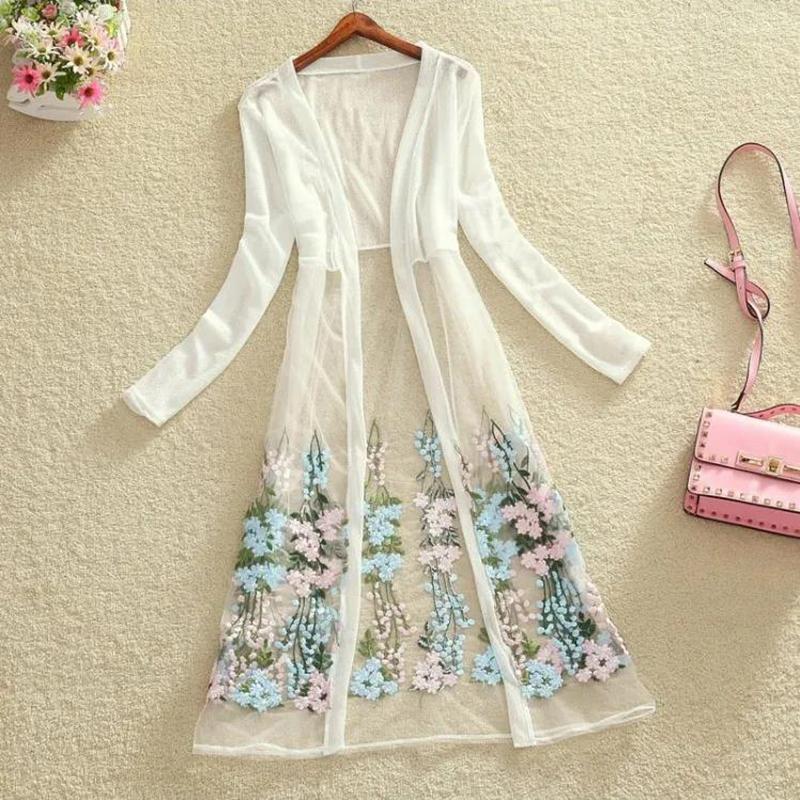Women's Ethnic Style Loose Outer Chiffon Cardigan Thin Beach Mid-calf Length Long Sleeve Embroidered Cardigan