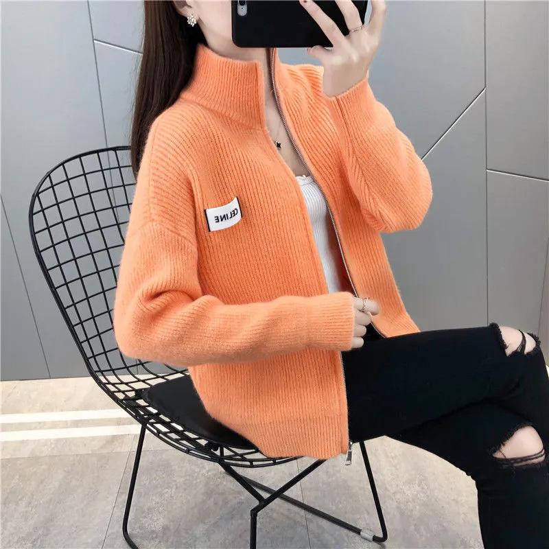 Stand Collar Women's Cardigan Sweater Short Jacket Knit Top Spring Autumn Solid Color Loose Sweater Outer Wear