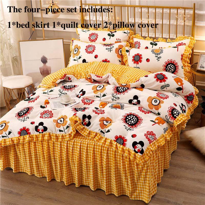 Thick Milk Velvet Four-piece Bed Skirt Quilt Cover Pillowcase Plus Velvet Warm Double-sided Quilt Cover Bedding Set