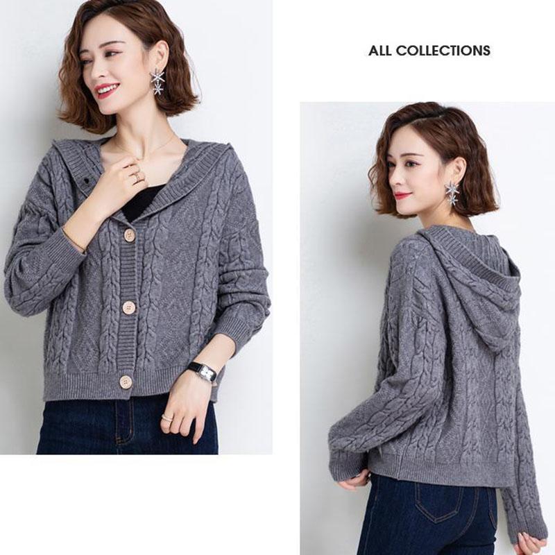 Autumn and Winter Knitted Hoodie Cardigan Short Loose Top Simple Solid Color Female Jacket