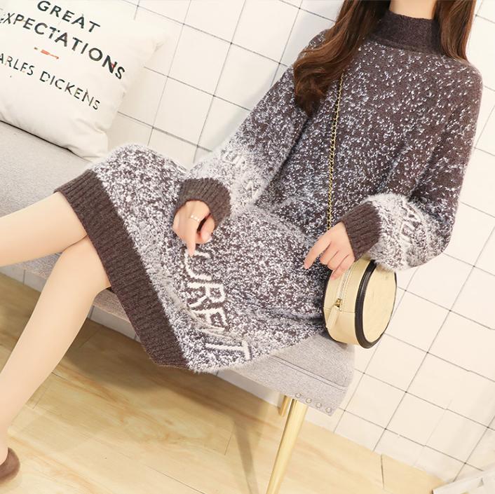 Women's High Neck Pullover Sweater Thick Loose Mid-length Mohair Sweater Bottoming /outwear Sweater Dress