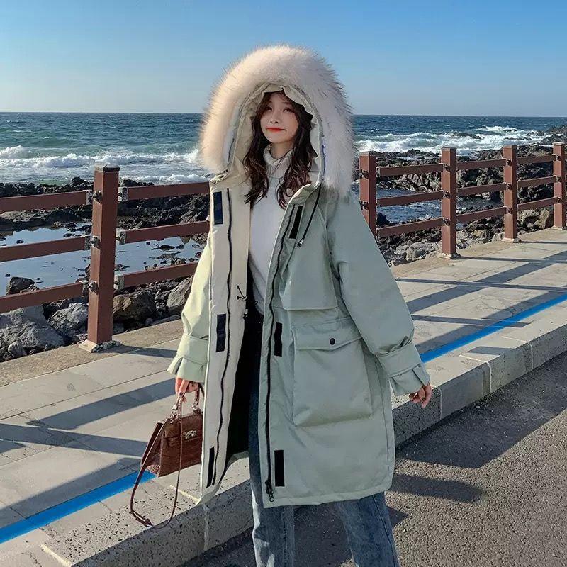 Faux Fur Collar Mid-length Down Jacket Women's Length Over The Knee, Large Size, Thicker, Loose Waist and Slim