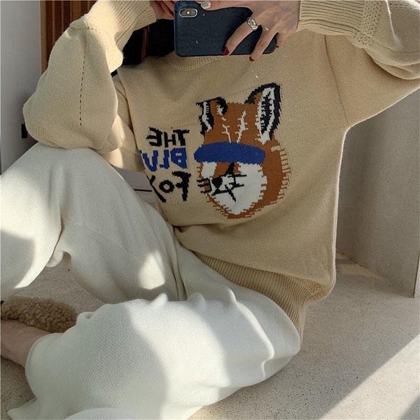 Autumn and Winter College Style Knit Round Neck Long Sleeve Students Loose and Thin Mid-length Coat Sweater Women