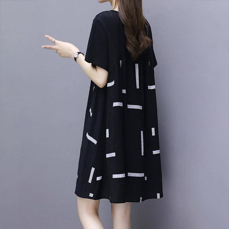 Large Size M-XXXXL Summer Polyester Short-sleeved Knee-length A-line Dress