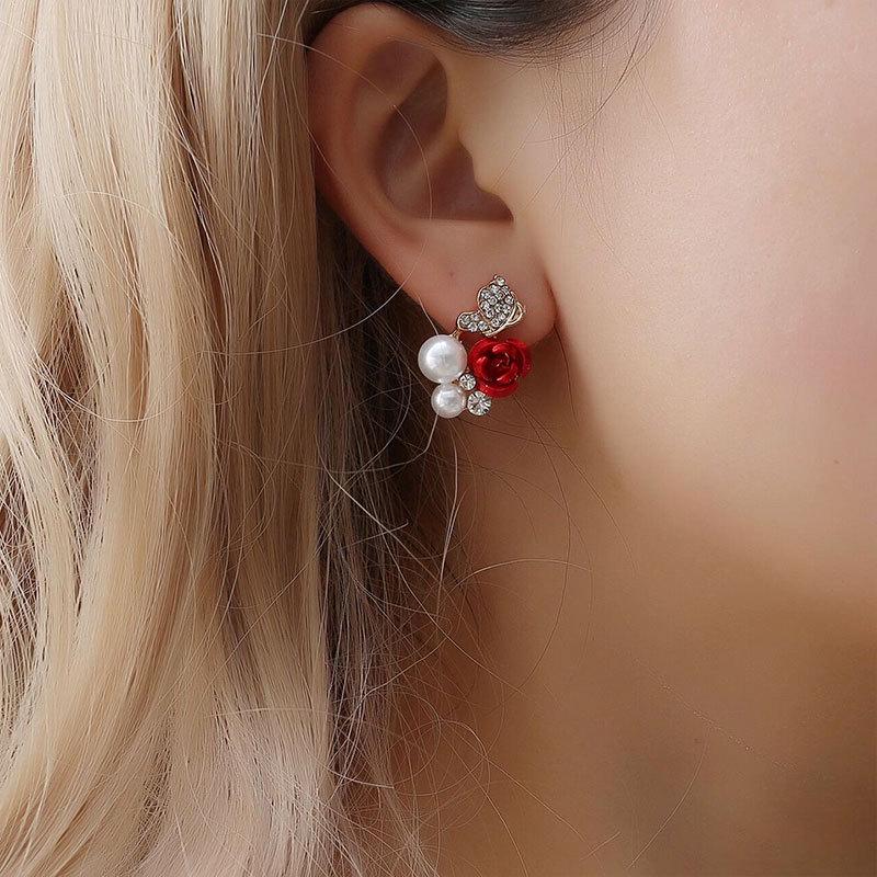Ear Clip Temperament Exquisite Fashion Rhinestone Pearl Rose Butterfly Bride Earrings Earrings