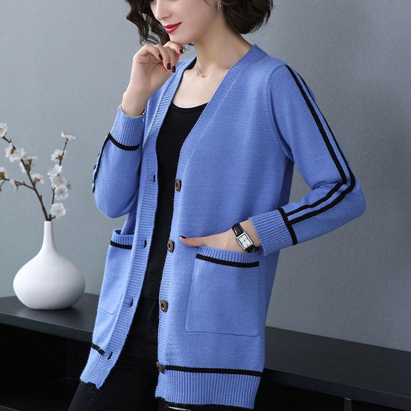 Spring and Autumn All-match Jacket Striped Pattern Mid-length Sweater Fashion Simple Style Female Top