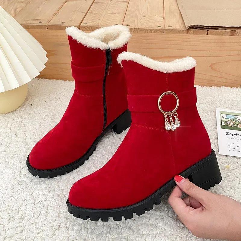 Women's Thick-soled Snow Cotton Shoes Plus Velvet Matte Non-slip Thick-heeled Mid-tube Warm All-match Cotton Boots