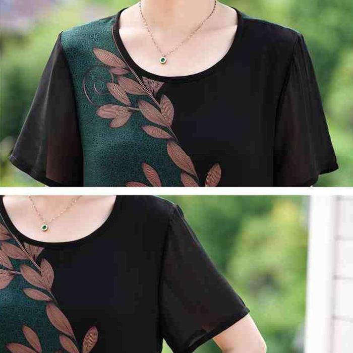 Women's Clothing Large Size Loose Chiffon Dress Round Neck Short Sleeve Printing Knee-length