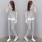 Women's Loose and Thin Casual Plaid Suit Women's Casual Pants Two-piece Suit Round Neck Short Sleeve + Casual Straight-leg Pants Ladies Daily Suit