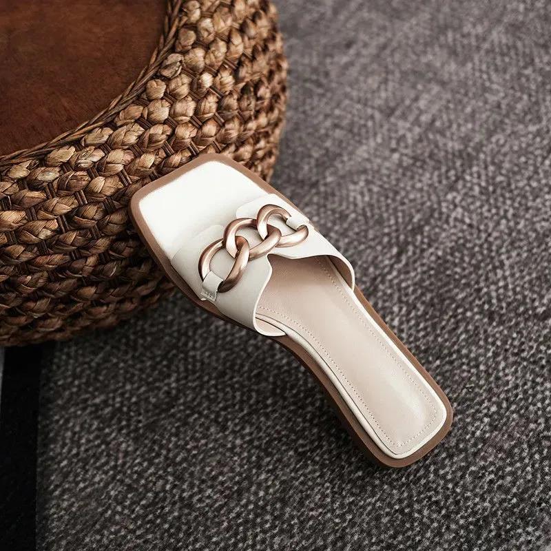 Full-leather Metal Buckle Open-toe Sandals and Slippers Women's Summer Square Head Flat-bottomed Fashion Half Slippers