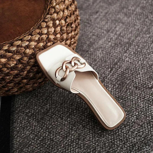 Full-leather Metal Buckle Open-toe Sandals and Slippers Women's Summer Square Head Flat-bottomed Fashion Half Slippers